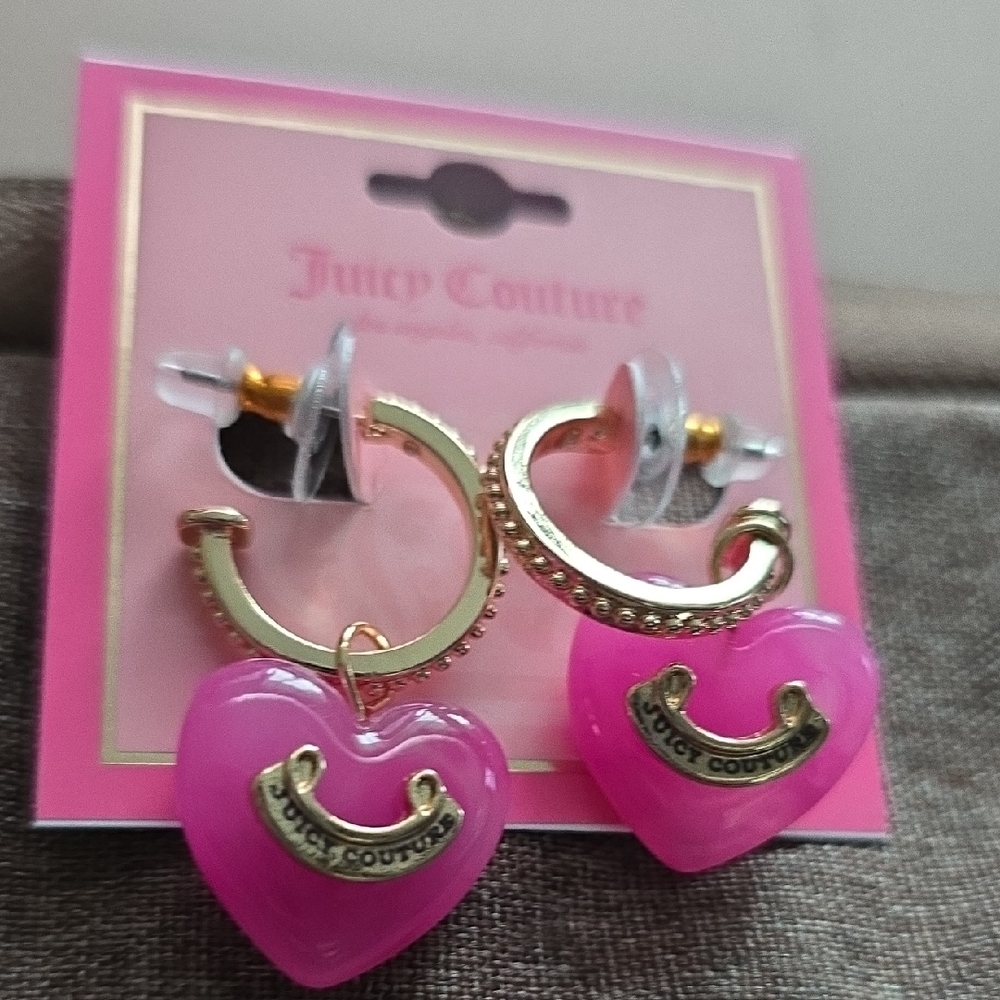 Juicy Couture Gold Hoop Earrings with Bright Pink Heart Charms